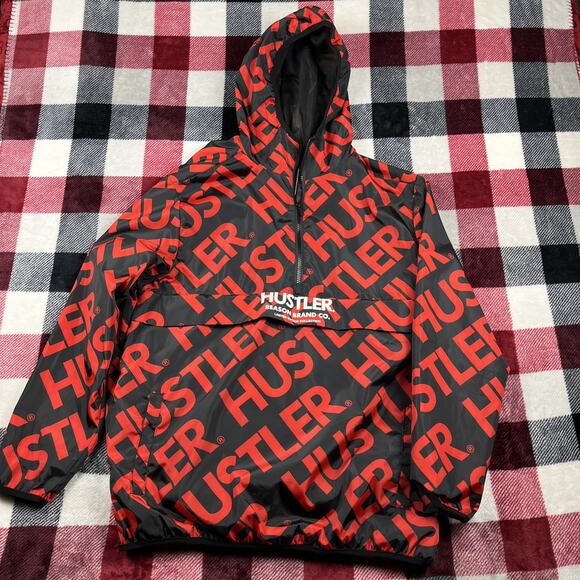 Hustler Jacket Mens L Half-Zip Anork Red Black Hooded Allover Print Reason Brand - Picture 1 of 9